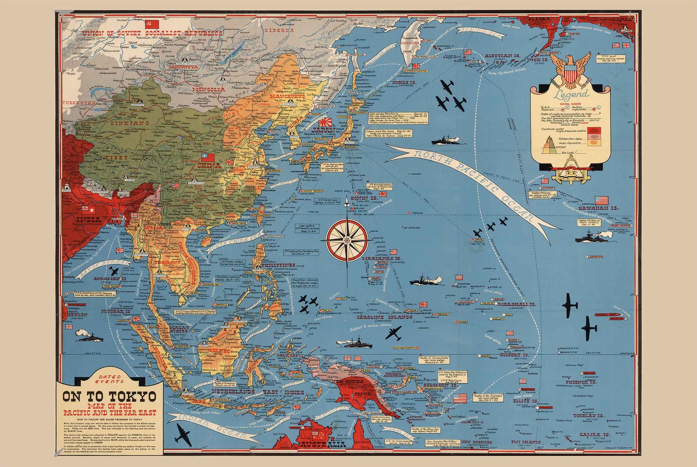 1944 Pacific Theater Map Poster - On To Tokyo Pictorial WWII Print of Asia and Pacific - Strategy Maps